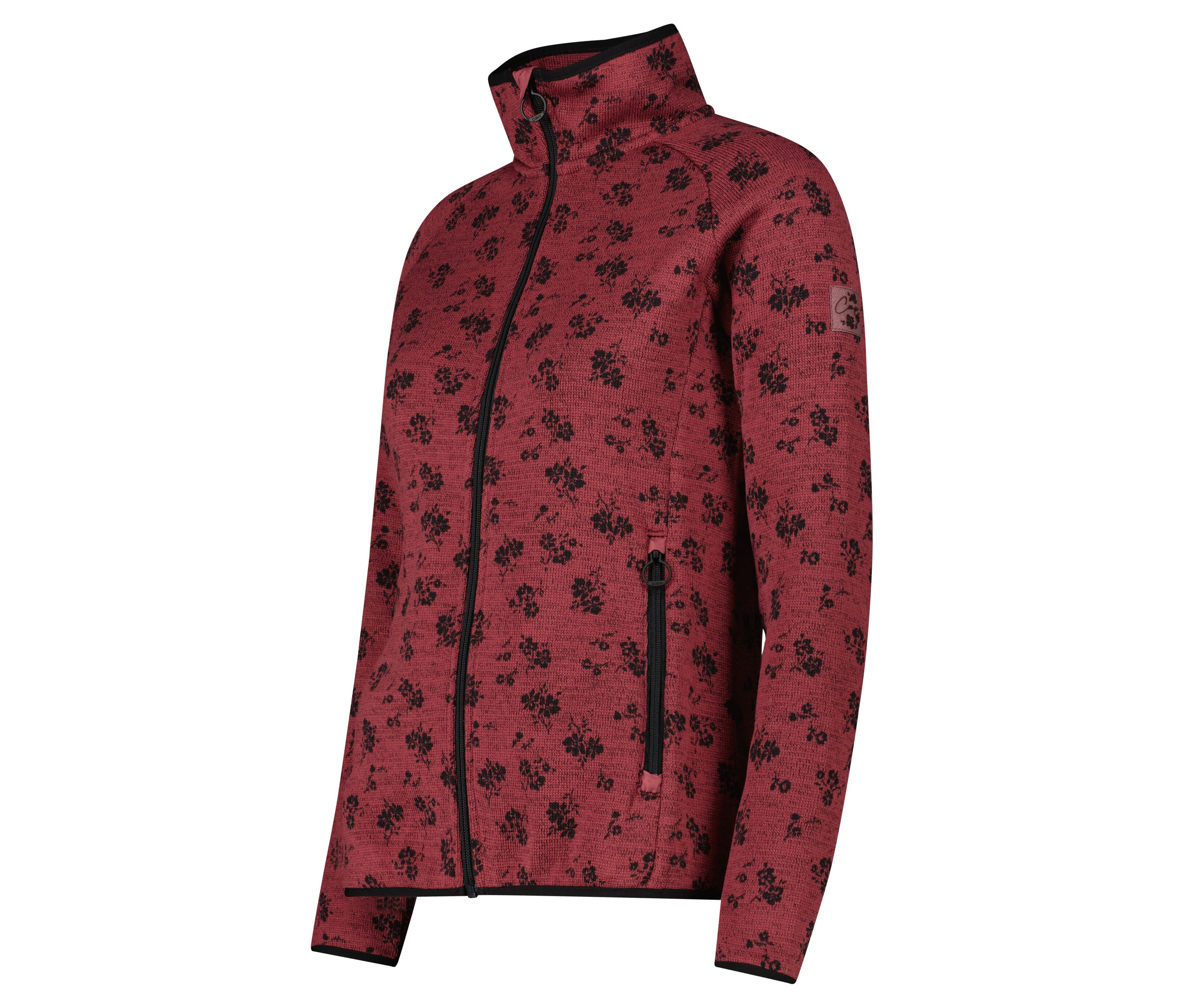 Veste en polaire bordeaux avec fermeture éclair et motif floral noir.
