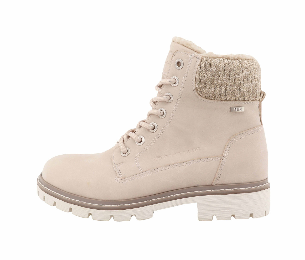 Bottine à lacets beige avec bordure en tricot et semelle blanche.