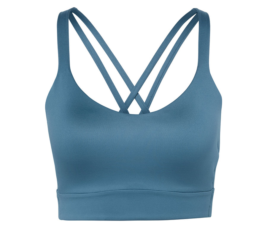 Soutien-gorge de sport bleu avec bretelles croisées.