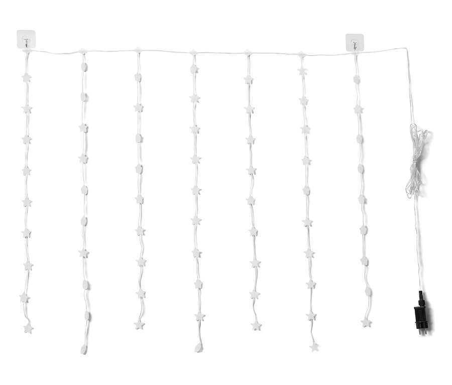 Guirlandes lumineuses blanches en forme d'étoile suspendues à des crochets.