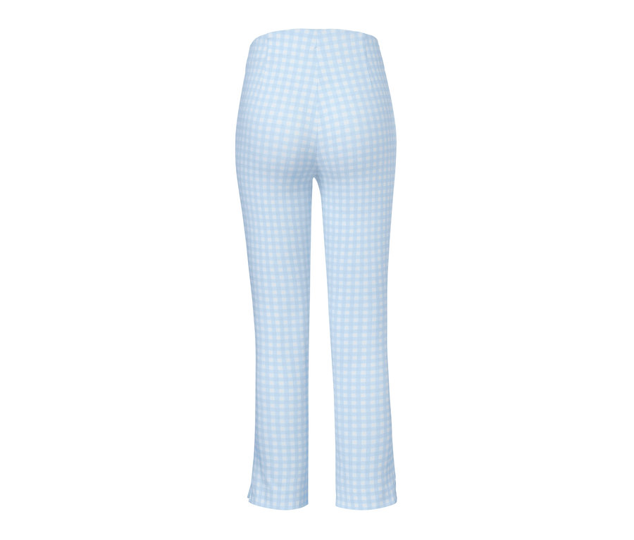 Vue arrière d'un pantalon stretch 7/8 bleu clair et blanc.