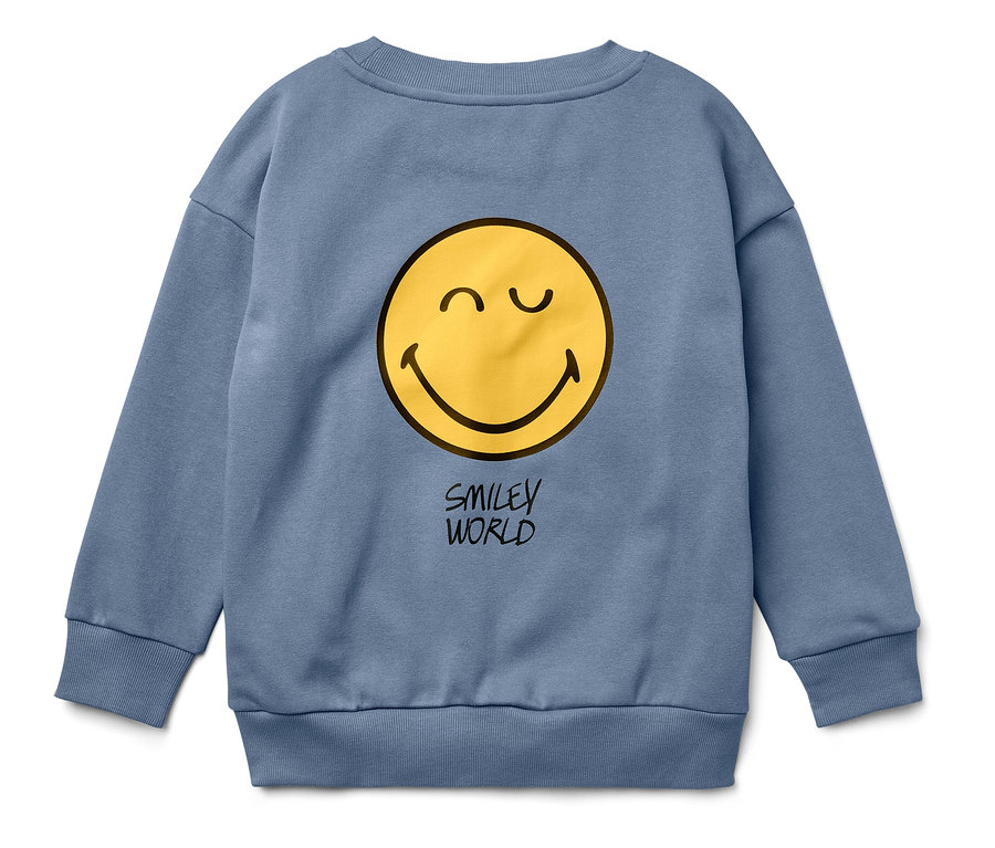Sweat-shirt bleu avec un smiley jaune et l'inscription SMILEY WORLD.