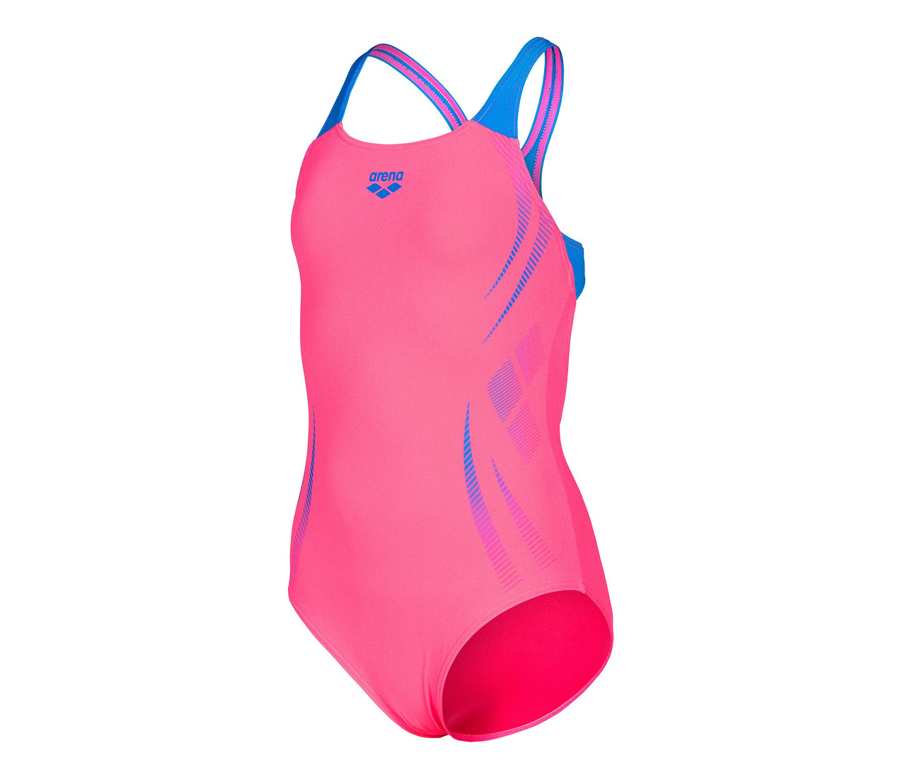 Maillot de bain arena Performance Poseidonia Swim Pro Back pour enfant, rose vif, avec bretelles bleues et logo.