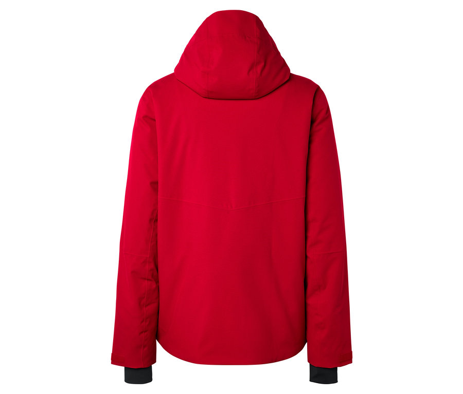 Vue arrière d'une veste rouge à capuche.