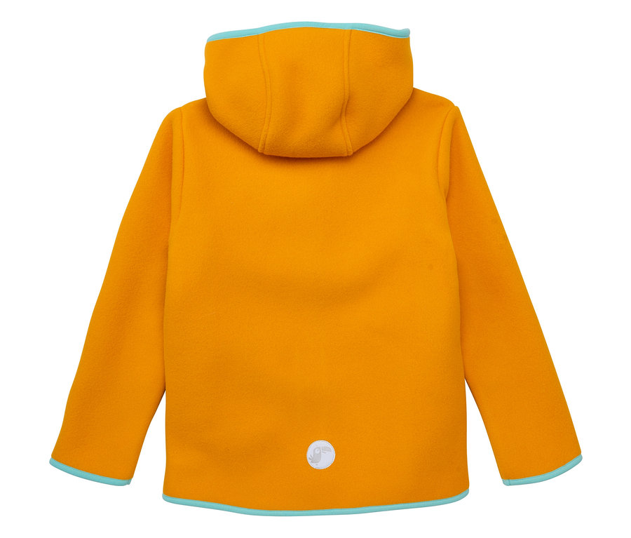 Vue arrière d'une veste polaire douillette JAKO-O couleur safran avec capuche et détails bleu clair.