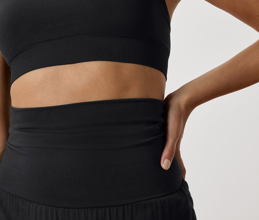 Gros plan d'une femme portant un soutien-gorge de sport noir et un short de sport noir.