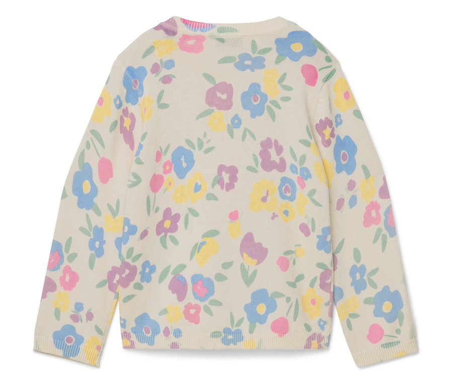 Un pull crème avec un motif floral bleu, jaune et violet.