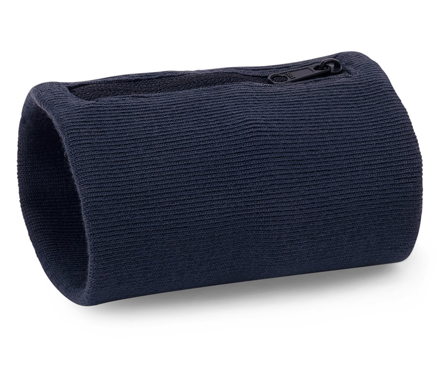 Un bracelet de force bleu marine avec fermeture éclair est posé sur une surface blanche.