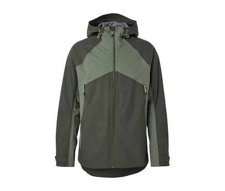 Veste outdoor 3 couches verte avec fermeture éclair et capuche.