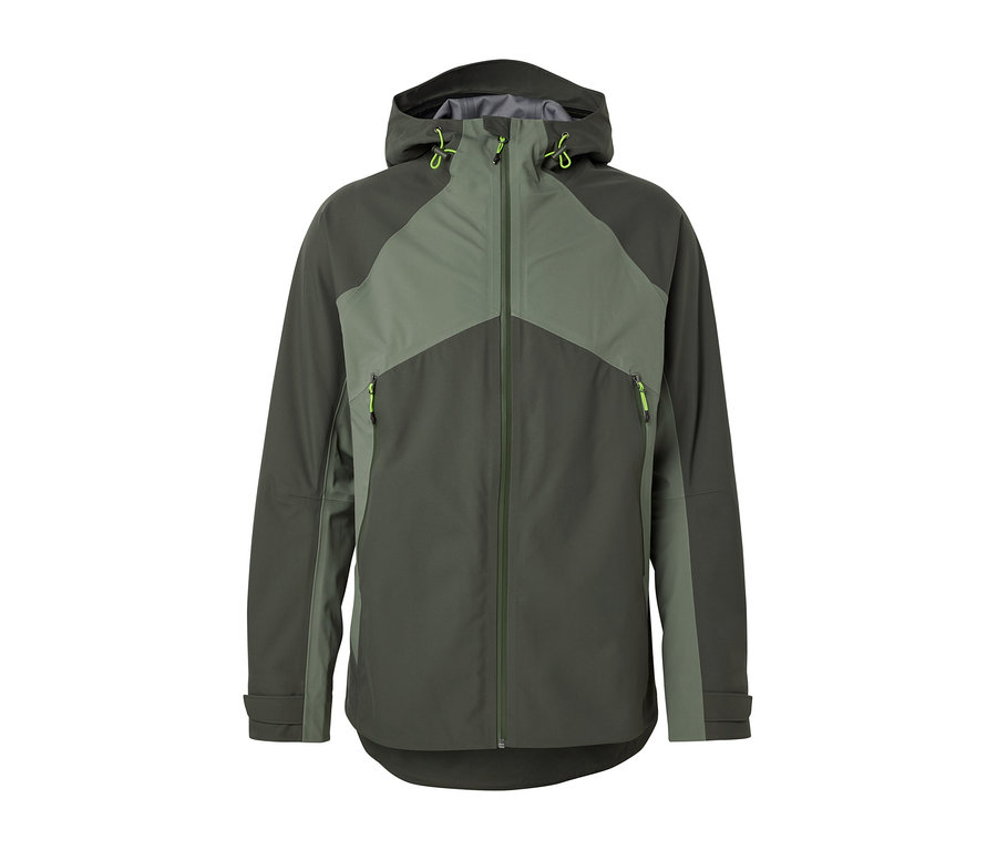 Veste outdoor 3 couches verte avec fermeture éclair et capuche.