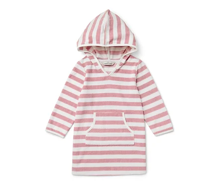 Poncho en tissu éponge pour enfant avec capuche, rayures roses et blanches.