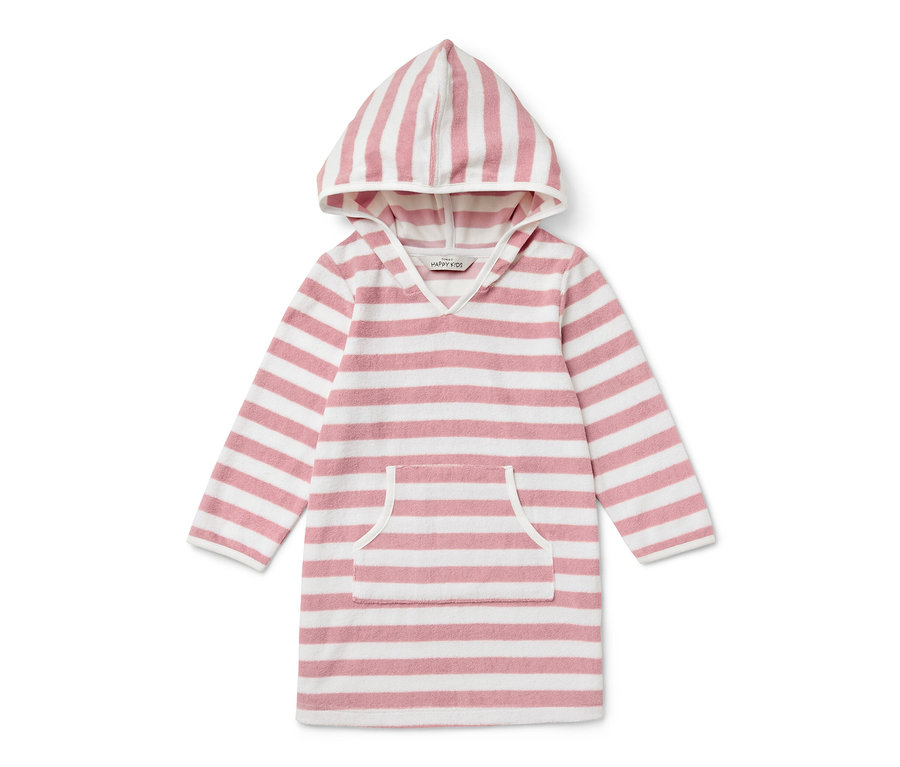 Poncho en tissu éponge pour enfant avec capuche, rayures roses et blanches.