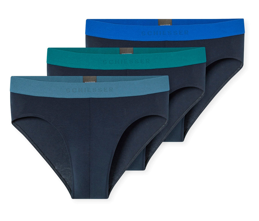 Trois slips SCHIESSER bleu foncé avec des ceintures de couleurs différentes: bleu clair, turquoise et bleu pétrole.