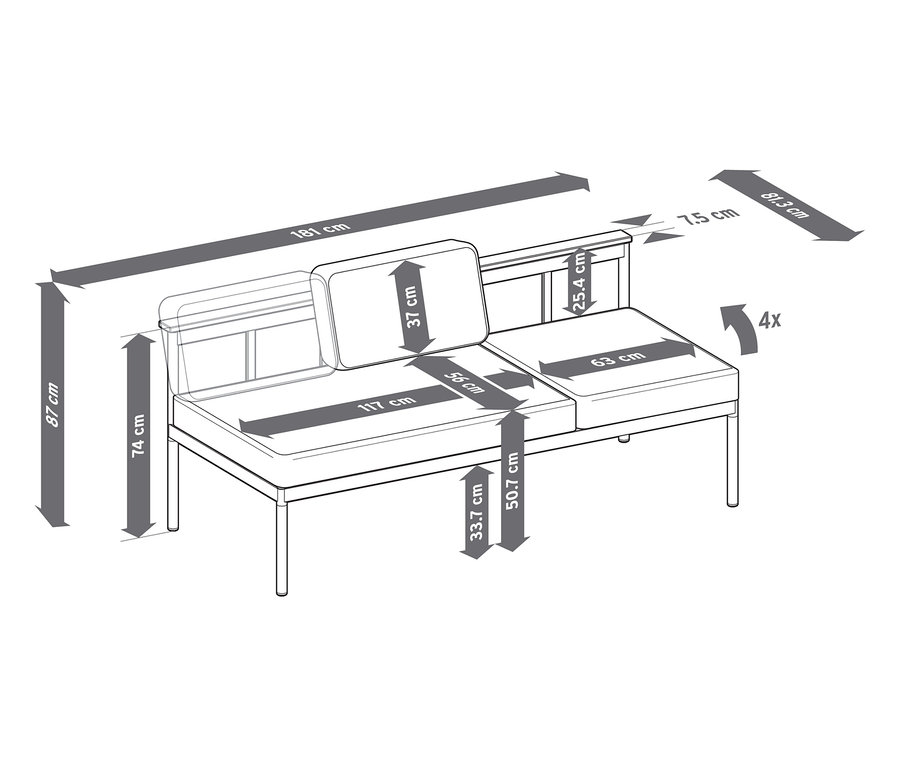 Dimensions du banc de jardin 2 en 1 ‒ Chaise longue «
bspElin
bsp» avec détails sur la hauteur, la largeur et la profondeur.