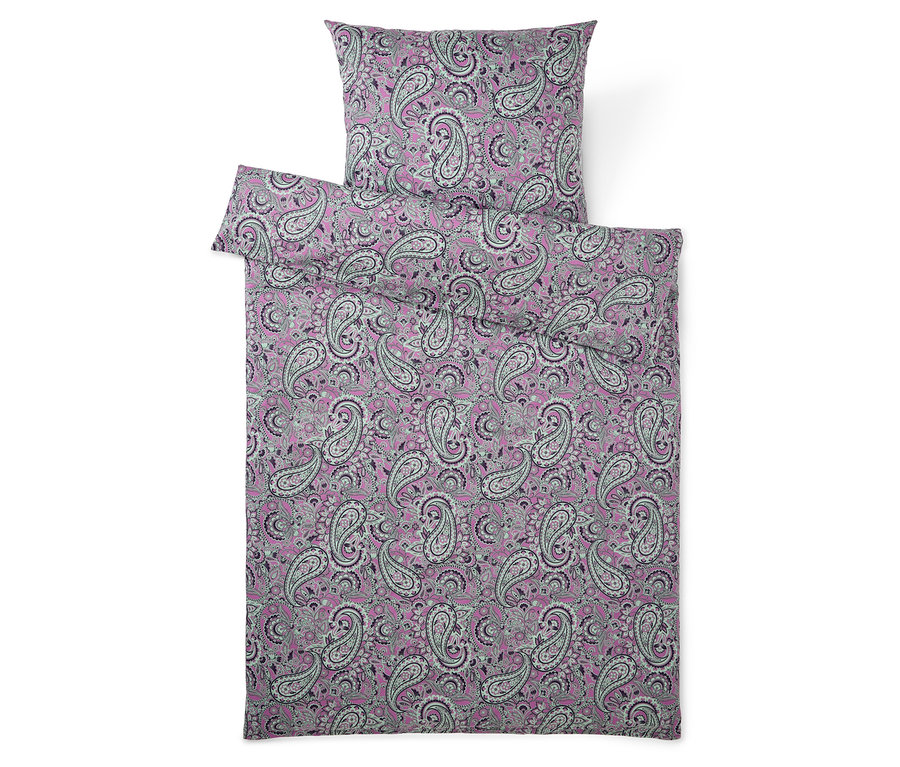 Linge de lit violet à motif cachemire, composé d'une taie d'oreiller et d'une housse de couette.