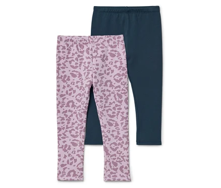 Deux leggings, un bleu marine et un rose clair à motif léopard, sont superposés.