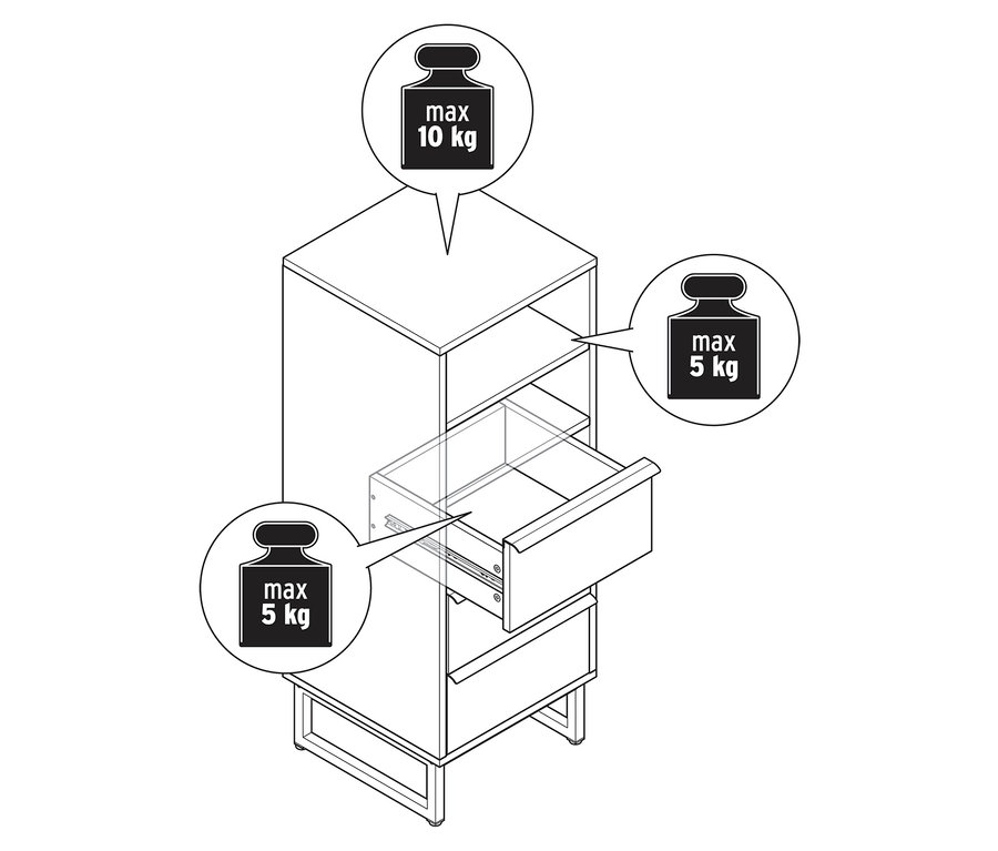 Vue de dessus d'une colonne à tiroirs «
LEEG
» avec trois tiroirs, dont un est ouvert. La charge maximale du dessus est de 10 kg, celle des tiroirs et des compartiments de 5 kg.