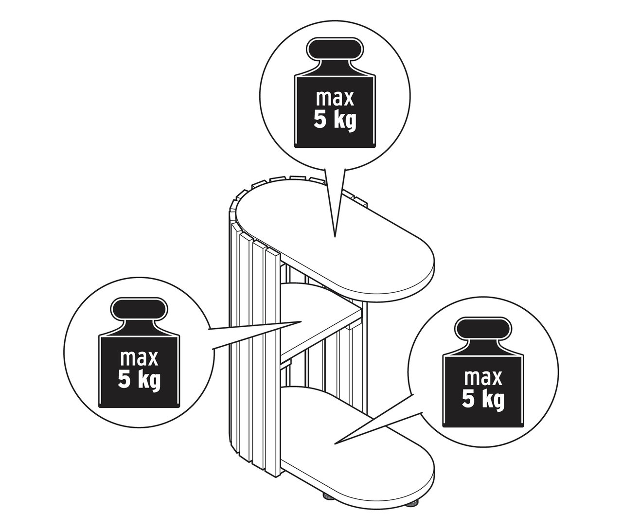 Illustration d'une table en C « HOLT » en bambou avec des éléments à lamelles, indiquant un poids maximal de 5 kg à chaque niveau.
