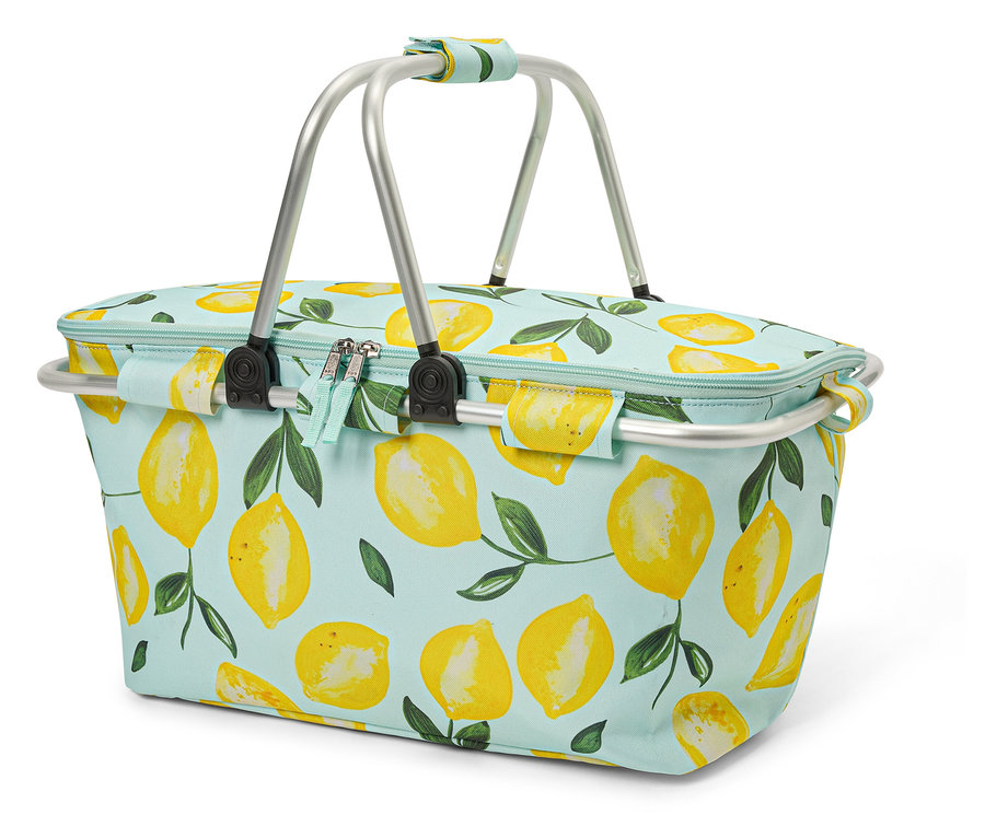 Un sac de pique-nique isotherme zippé avec un motif de citrons se trouve sur un fond blanc.