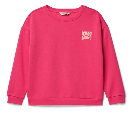 Un pull rose avec un logo de lever de soleil sur la poitrine.