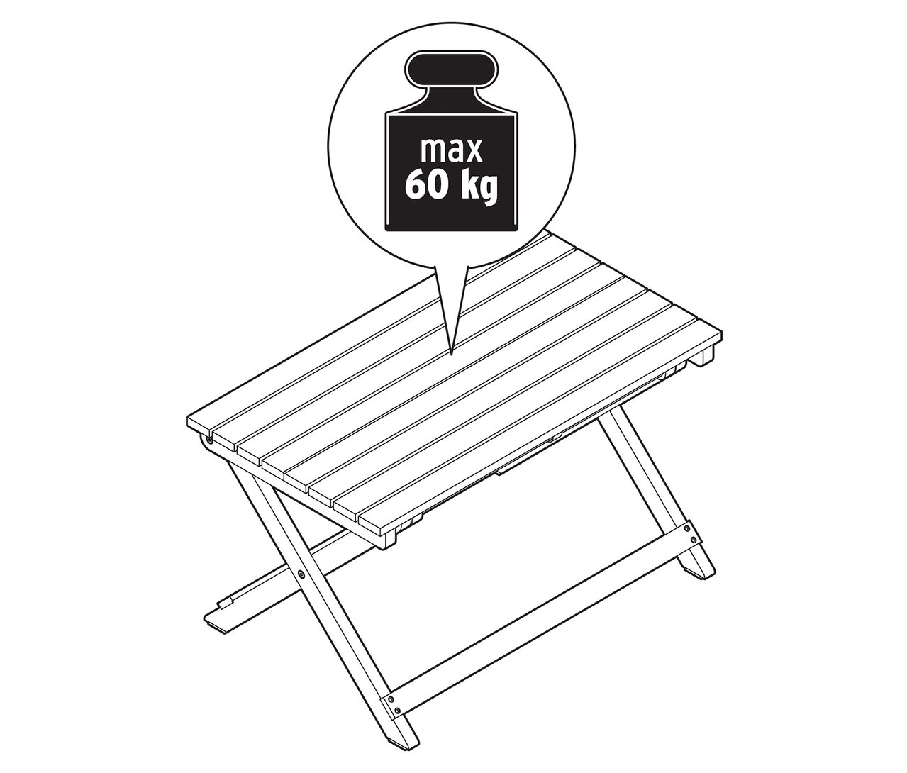 Illustration d'une table pliante avec une indication de poids maximum de 60 kg.