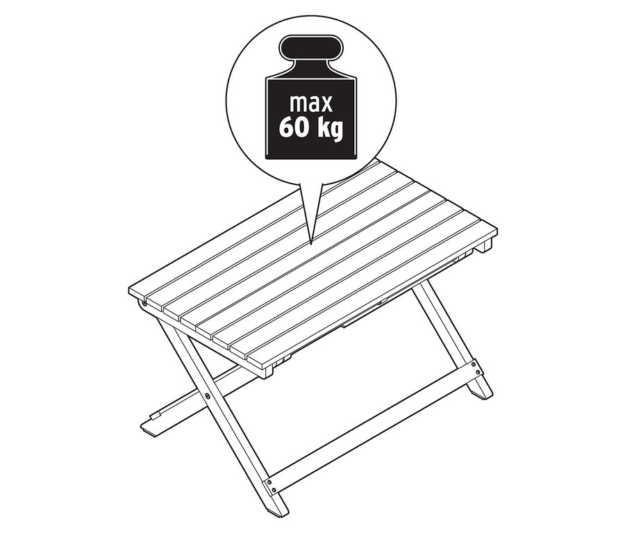 Illustration d'une table pliante avec une indication de poids maximum de 60 kg.