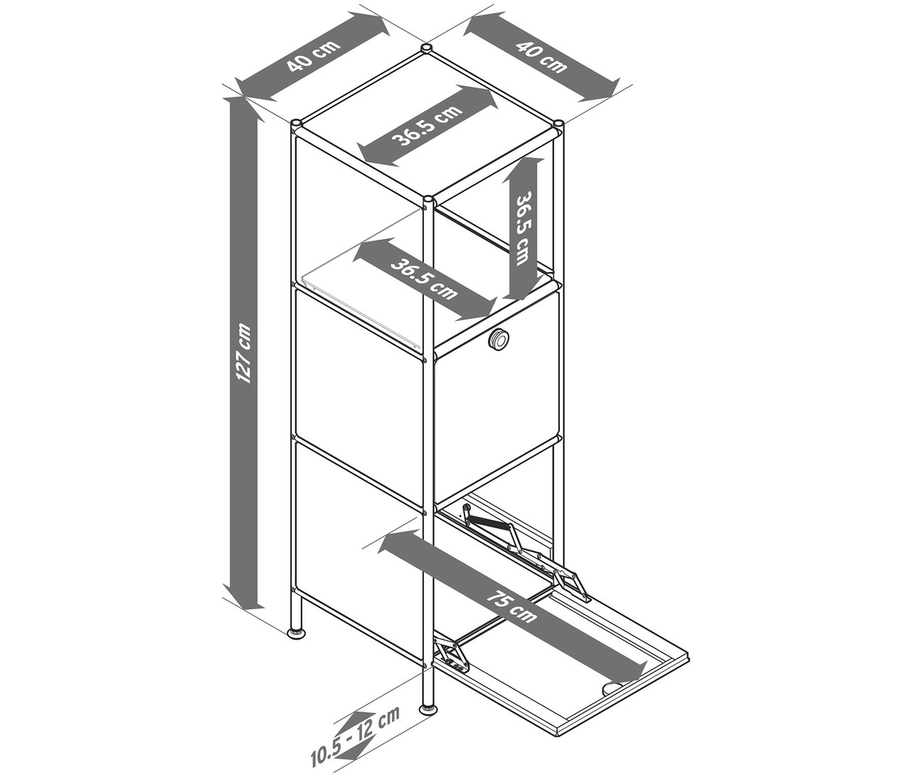 Image d'une commode étroite en métal «
CN3
» avec deux compartiments à abattants et des mesures.