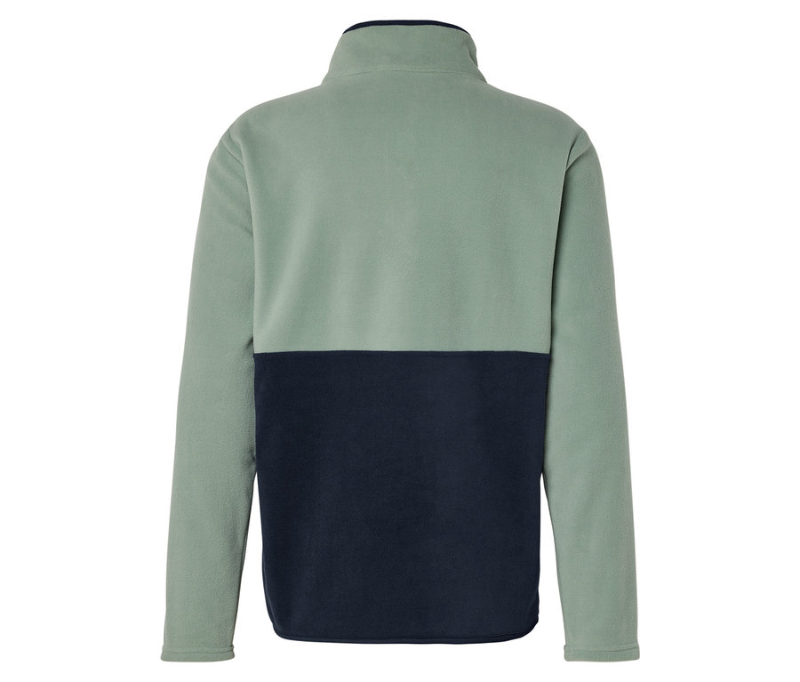 Vue arrière d'un pull en polaire bicolore sauge et bleu marine.