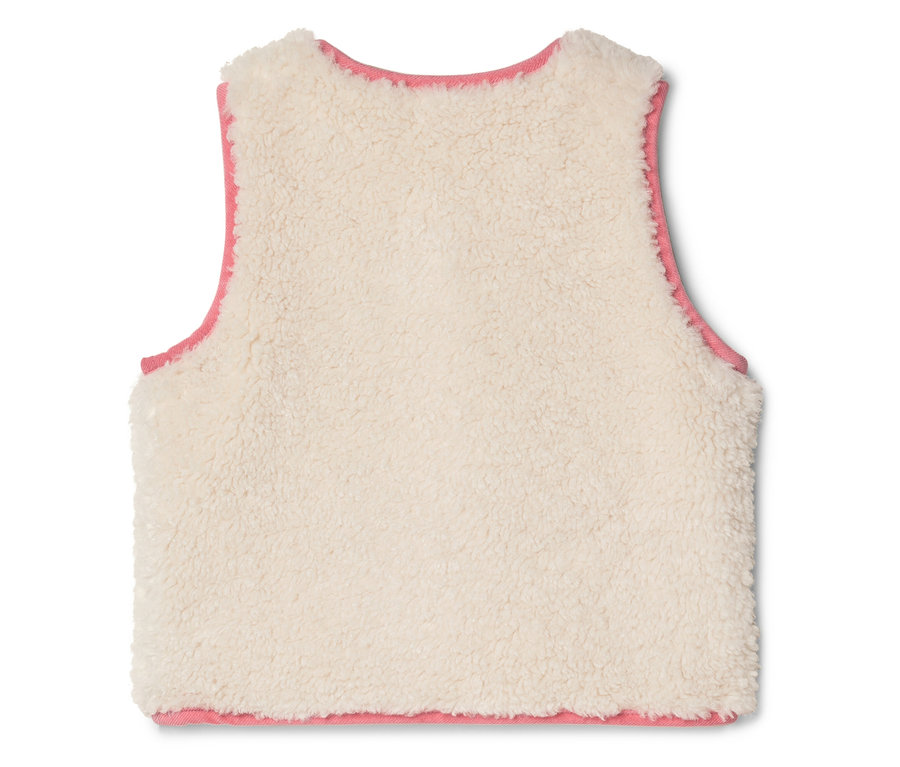 Vue arrière d'un gilet sans manches en polaire blanche avec une bordure rose.