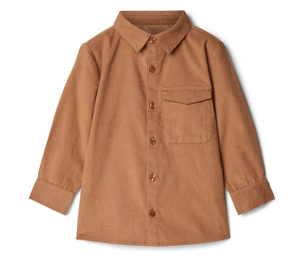 Chemise en velours côtelé pour enfant marron, à manches longues, col, boutons et poche poitrine.