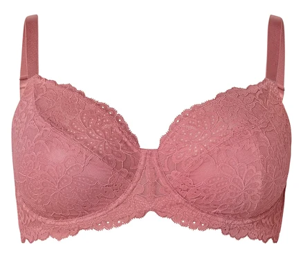 Soutien-gorge rose à armatures avec larges bretelles, recouvert de dentelle florale, sur fond blanc.