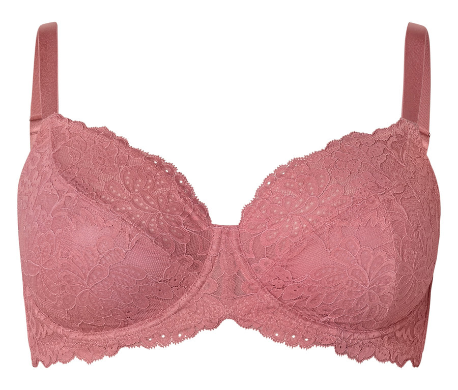 Soutien-gorge rose à armatures avec larges bretelles, recouvert de dentelle florale, sur fond blanc.