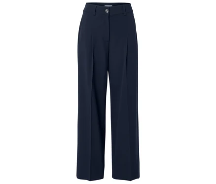 Pantalon large bleu marine à taille haute avec plis.