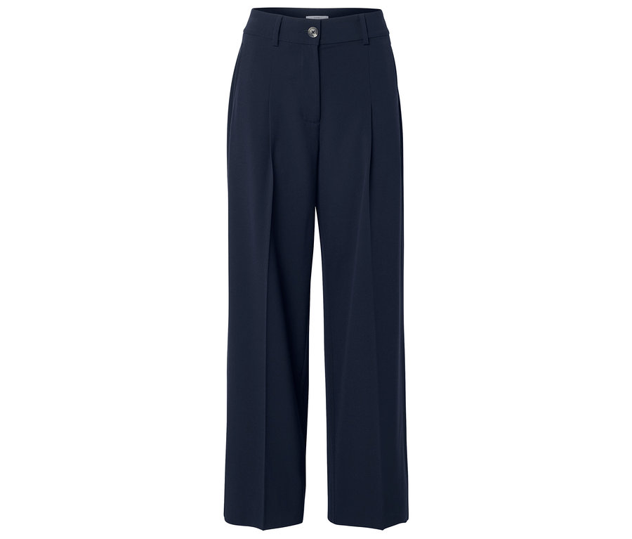 Pantalon large bleu marine à taille haute avec plis.