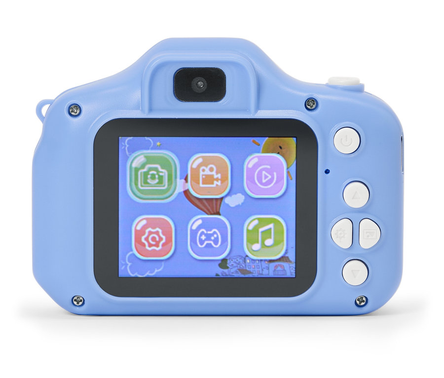 Gros plan d'un appareil photo jouet bleu clair avec un écran affichant diverses icônes d'application.