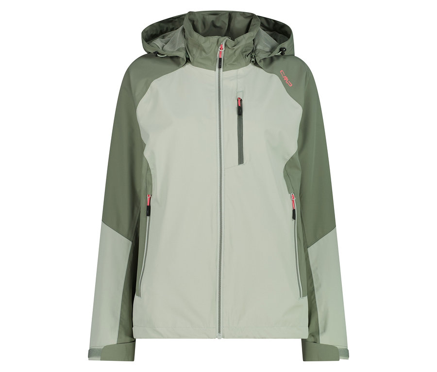 Une veste à capuche CMP vert clair et vert olive est présentée sur un fond blanc.
