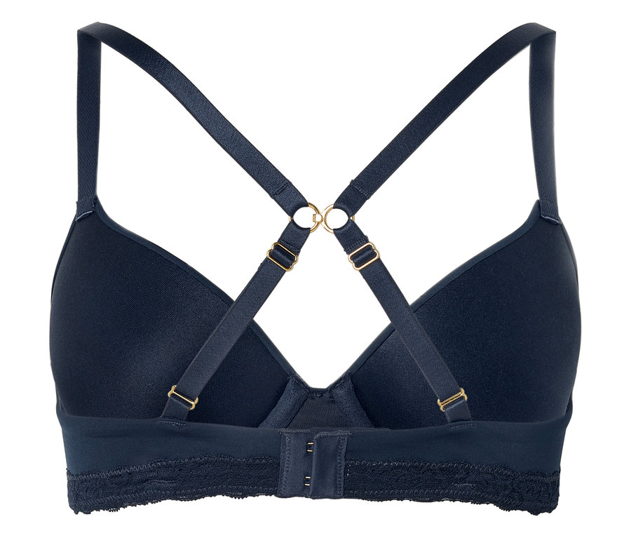 Vue arrière d'un soutien-gorge bleu marine avec bretelles croisées et fermeture à agrafes.