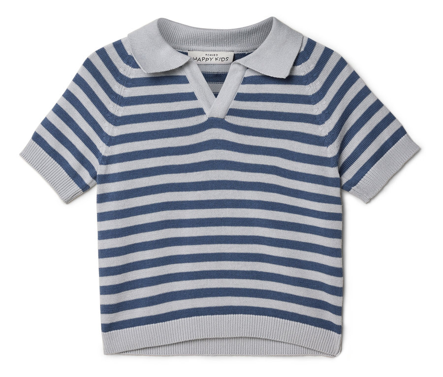 Un polo rayé à manches courtes bleu et gris posé sur un fond blanc.