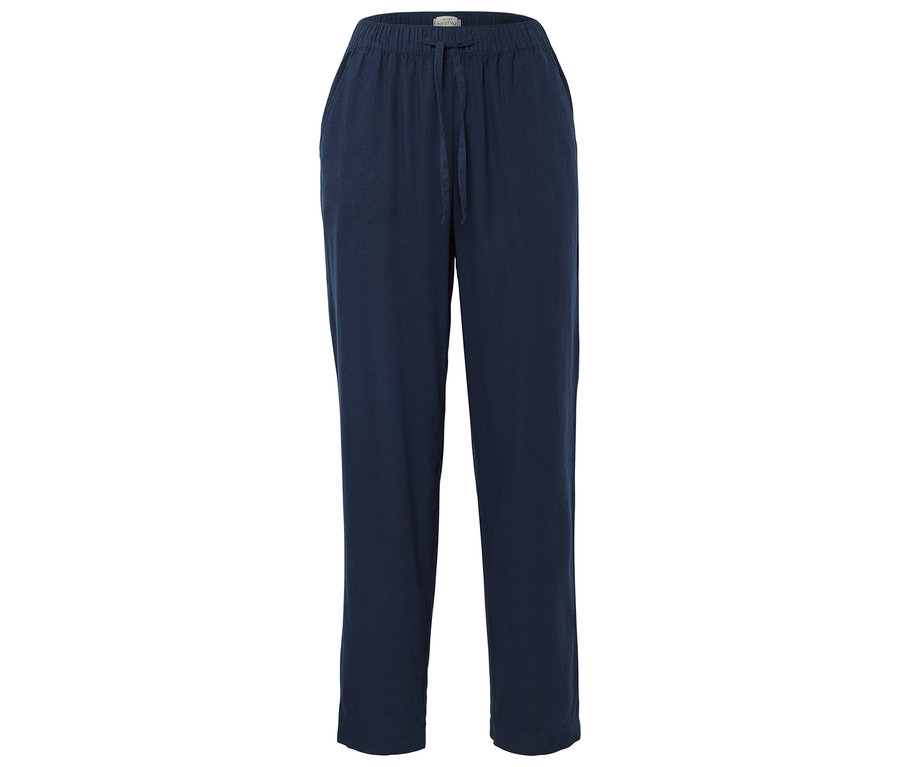 Un pantalon bleu marine avec cordon de serrage est présenté sur un fond blanc.