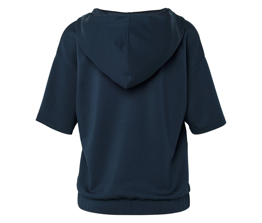 Vue arrière d'un sweat à capuche bleu foncé avec des manches courtes et un ourlet élastique.