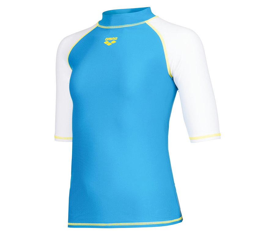 Haut de bain Arena bleu à manches courtes avec manches blanches et accents jaunes.