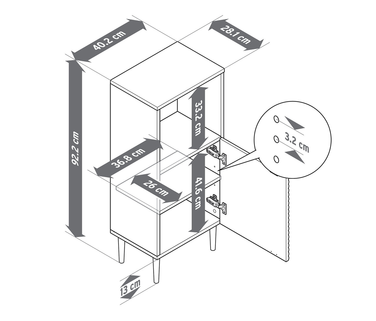 Présentation schématique d'une armoire de salle de bains « SONARI » avec porte, comprenant différentes indications de mesure.
