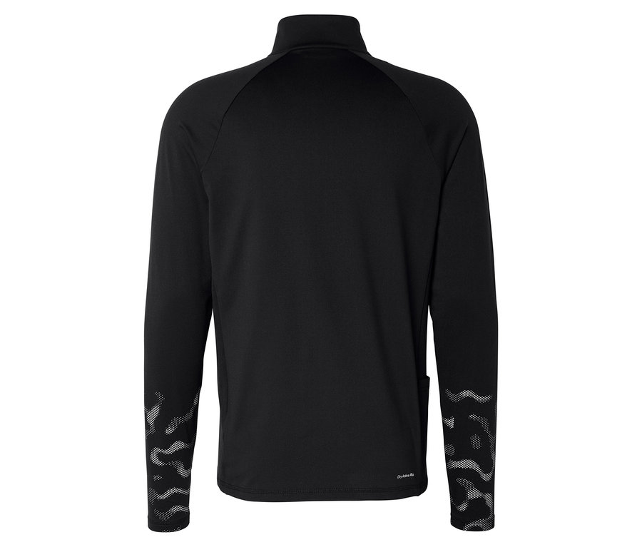 Vue arrière d'un haut de sport noir à manches longues avec fermeture éclair et motifs graphiques sur les manches.