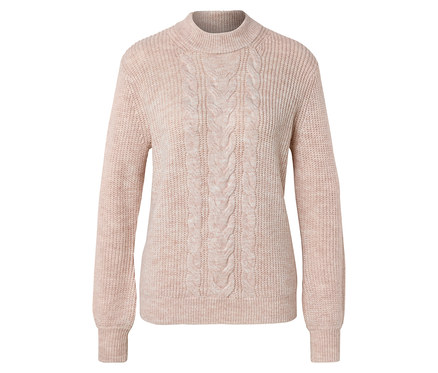 Pull en tricot rose clair avec motif torsadé et col montant.
