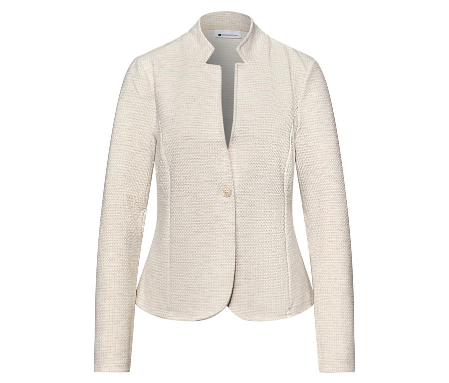 Blazer en jersey Street One beige avec bouton et col à revers, vue de face.