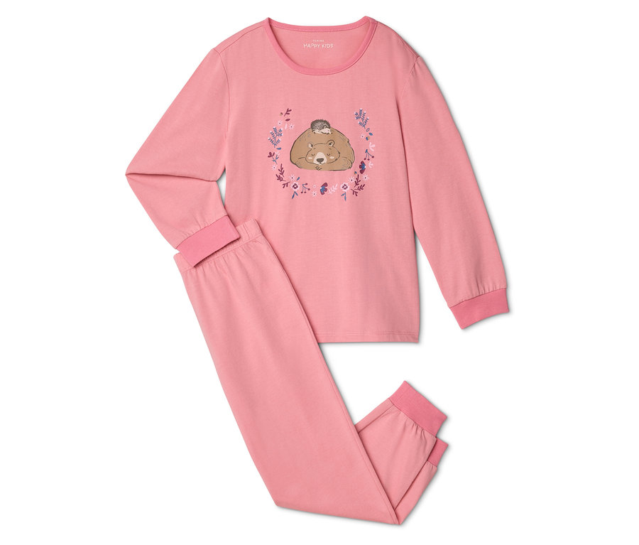 Pyjama rose pour enfants avec motif ours et hérisson sur le haut, composé d'un haut à manches longues et d'un pantalon long.