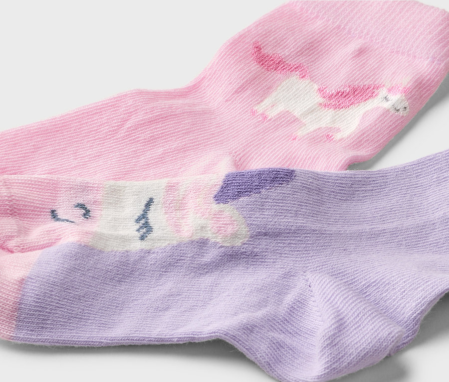 Gros plan de deux paires de chaussettes, une rose avec une licorne blanche et une lavande avec une licorne blanche.