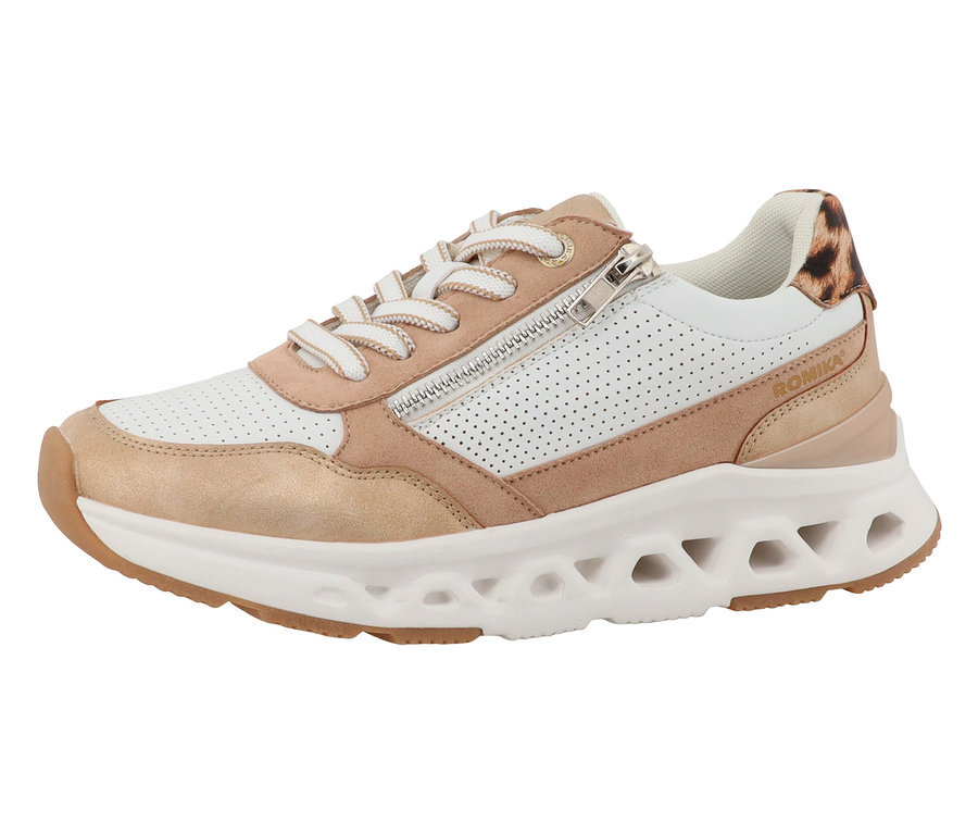 Une seule basket Romika avec une tige perforée blanche, des accents dorés et marron clair, et un motif léopard sur le talon.