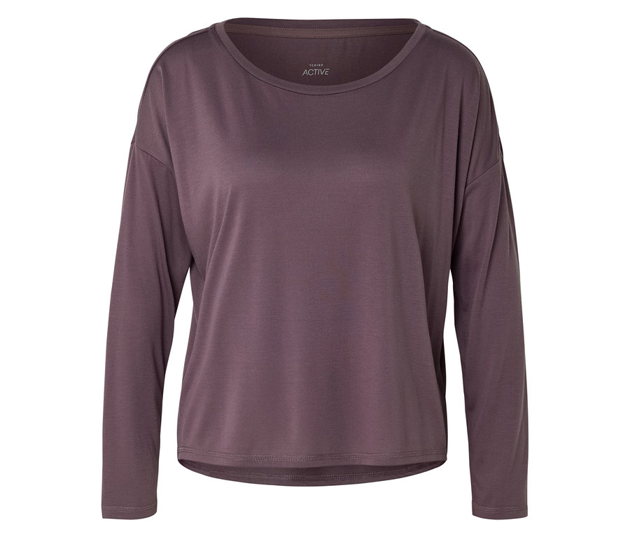 Haut de sport à manches longues violet foncé avec encolure ras du cou.