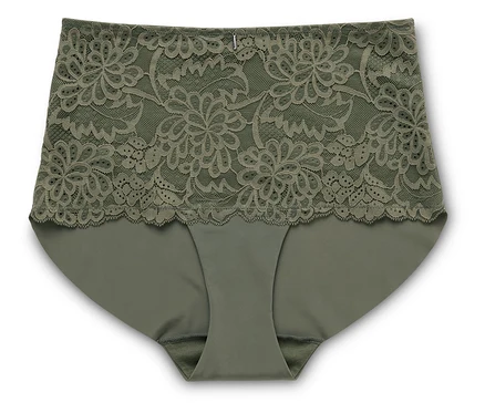 Une culotte verte pour femme, taille haute avec des détails en dentelle, est posée sur un fond blanc.